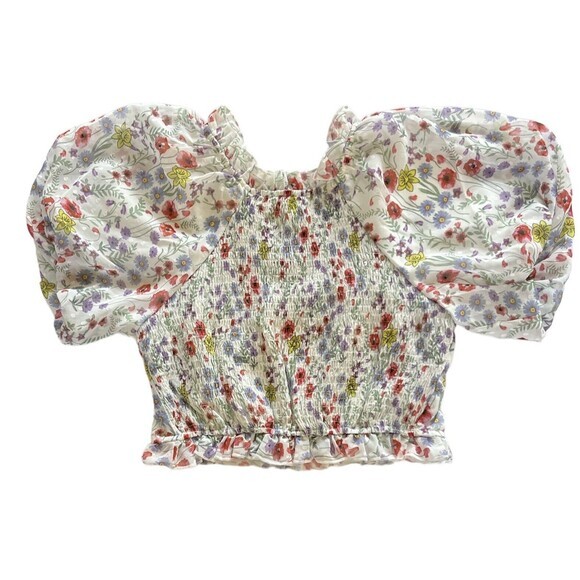 70/21 Ruffle Trim Floral Print Crop Top Womens Size Large with Puff Sleeves NWT - Picture 3 of 14